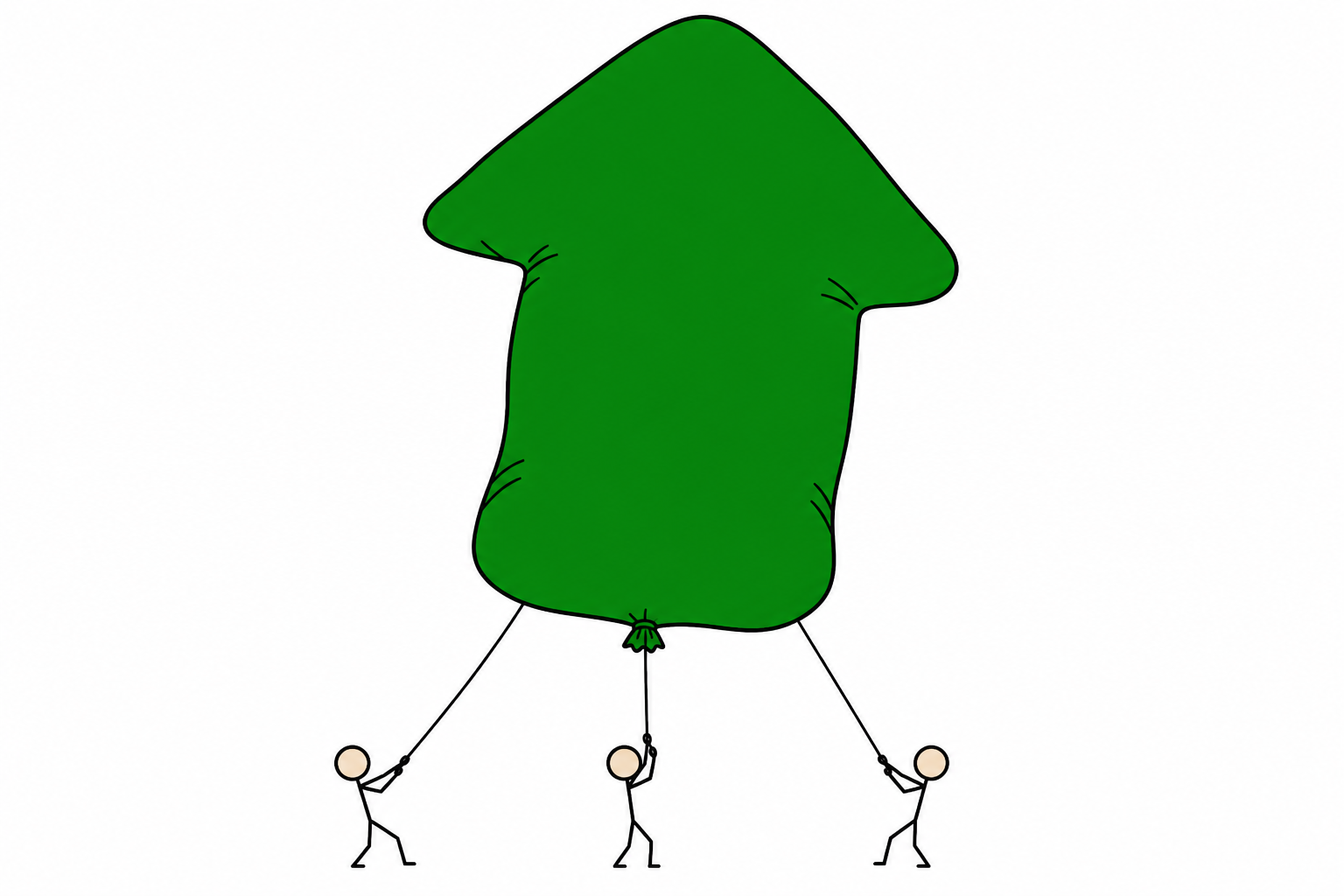 A huge inflatable arrow-shaped parade balloon held down by strings by three tiny figures