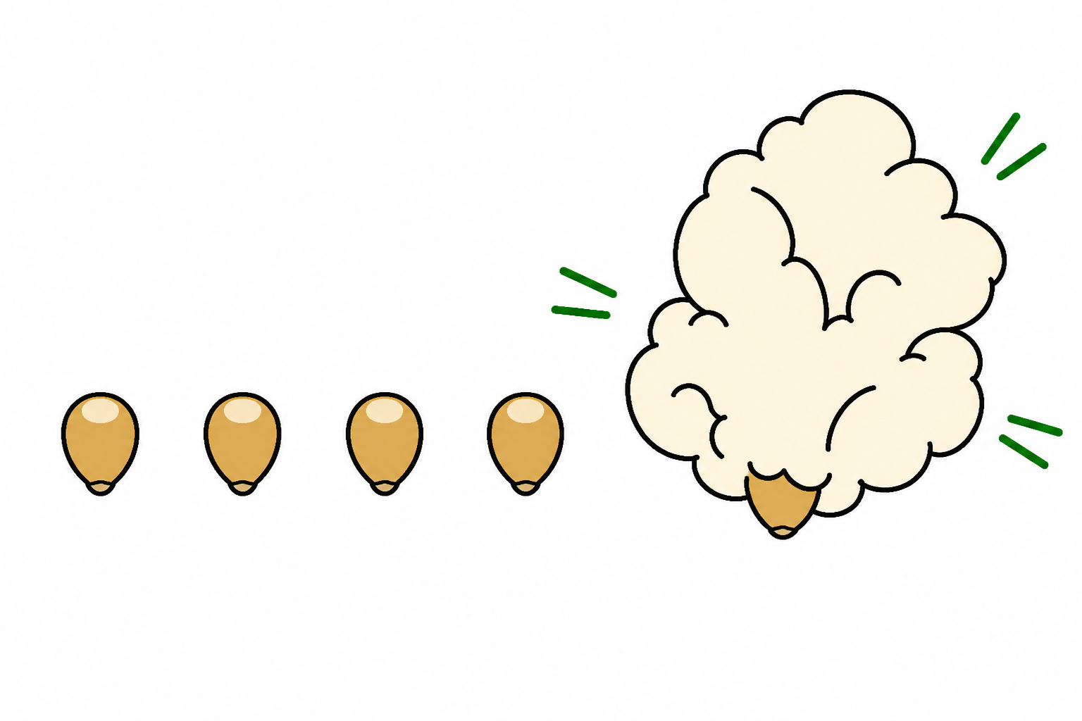 A row of small popcorn kernels with one popped into a huge piece of popcorn