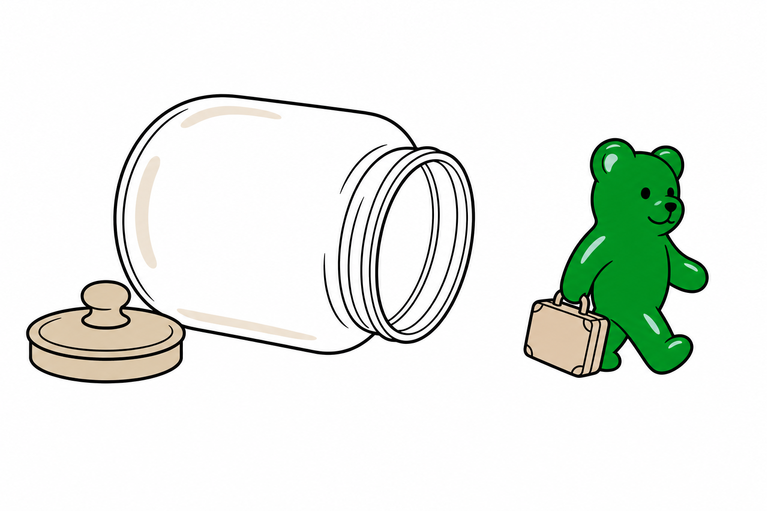 An empty candy jar tipped on its side while a green gummy bear walks away with a suitcase