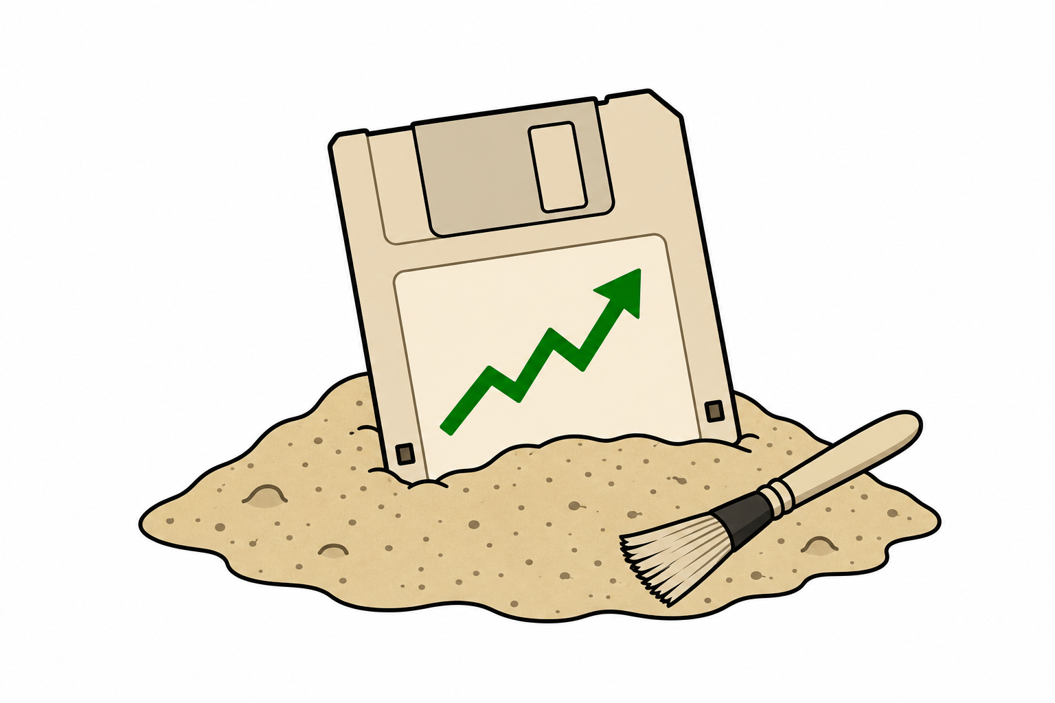 A floppy disk with a growth arrow on its label, half buried in sand next to an archaeology brush