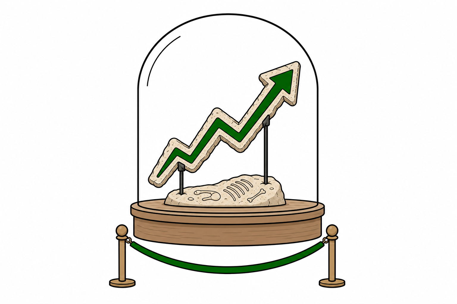 A fossilized line chart displayed under a museum glass dome, behind a small velvet rope